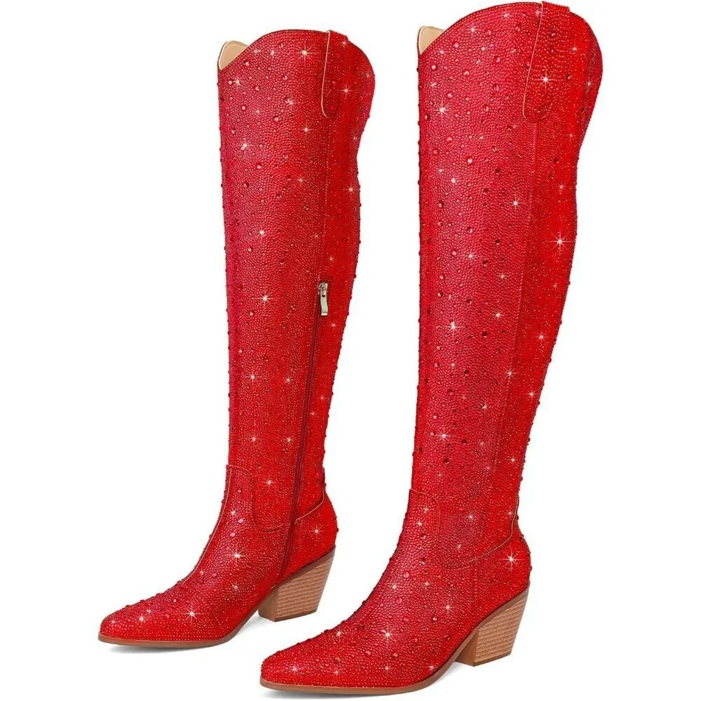 Women Red Faux Leather Sparkly Bling Rhinestone Over the Knee Cowboy Pull-OnBoot